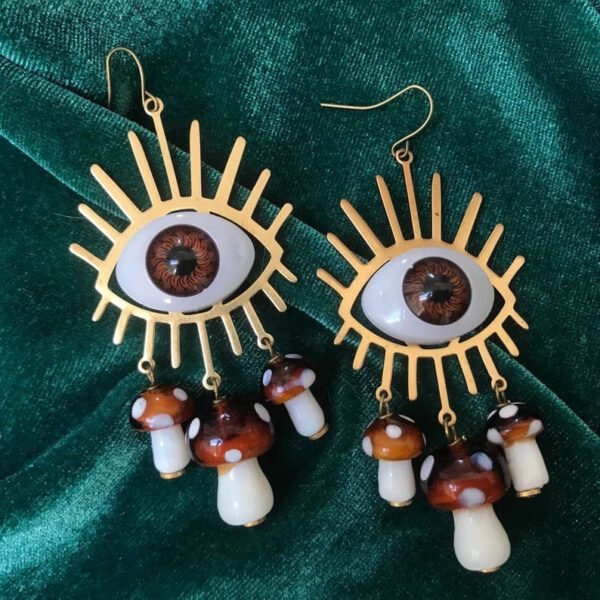 Mushroom Eyes Earrings Doll Eyes Creepy Quirky Unique Statement Earrings Brown Camel Magic Forest Mushrooms