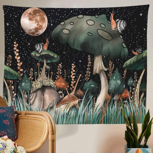 Mushroom Tapestry Moon and Stars Tapestry Snail Tapestry Fantasy Plants and Leaves Tapestry Wall Hanging for Room