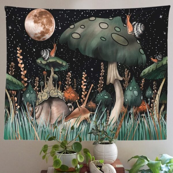 Mushroom Tapestry Moon and Stars Tapestry Snail Tapestry Fantasy Plants and Leaves Tapestry Wall Hanging for Room