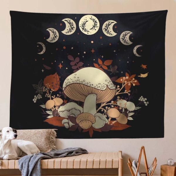 Mushroom Tapestry Wall Hanging Moon Phase Tapestry Boho Vertical Tapestry Aesthetic Tapestries for Bedroom Living Room Decor