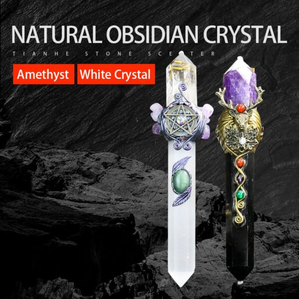 Muy Bien Healing Quartz Crystal Wicca Magic Scepter Natural Obsidian Double Point Stick Divination Energy Gemstone Home Decor