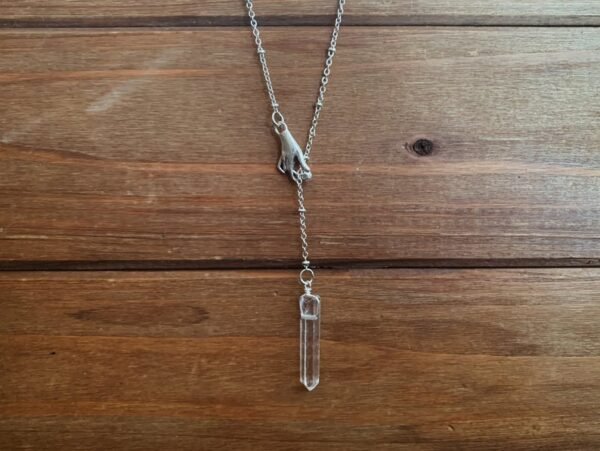Mystic Quartz Slider Necklace - raw quartz point + antique inspired hand | Raw Quartz Crystal Mystical Hand Necklace