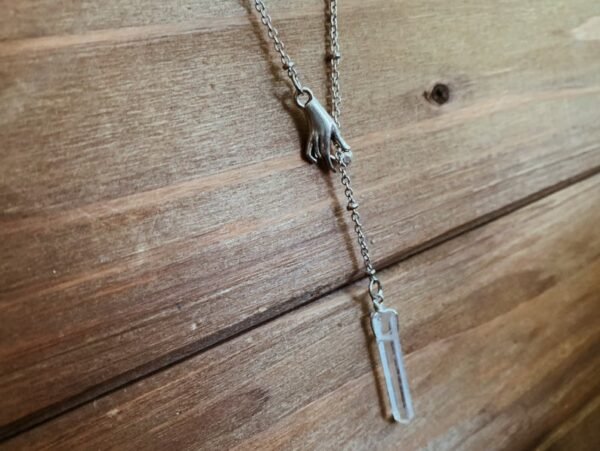 Mystic Quartz Slider Necklace - raw quartz point + antique inspired hand | Raw Quartz Crystal Mystical Hand Necklace