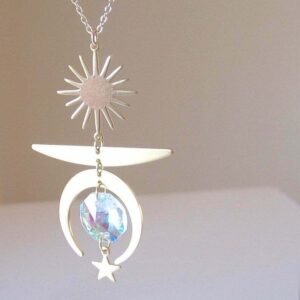 Mystical Magical Sun Moon Stars Crystal Rainbow Pendant Necklace,Boho Style,Gift for Her