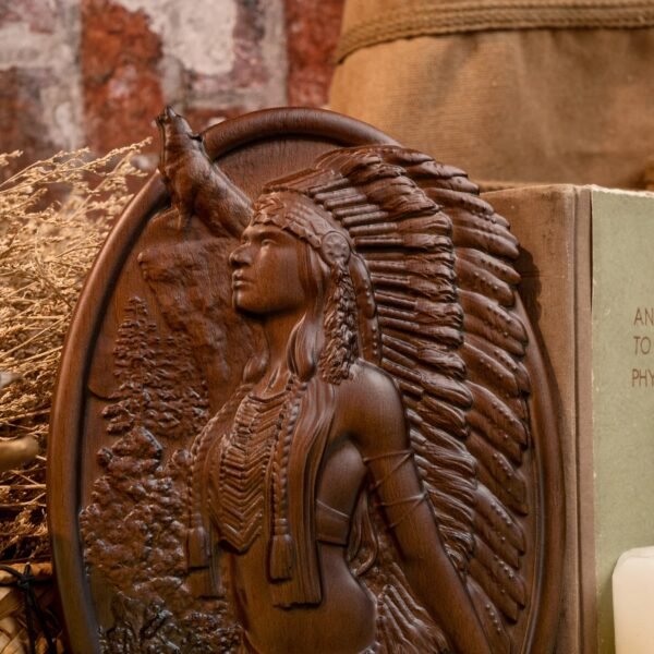 Native American home wall decor, woman and wolf, mural art, wooden sculpture plaque, living room decoration