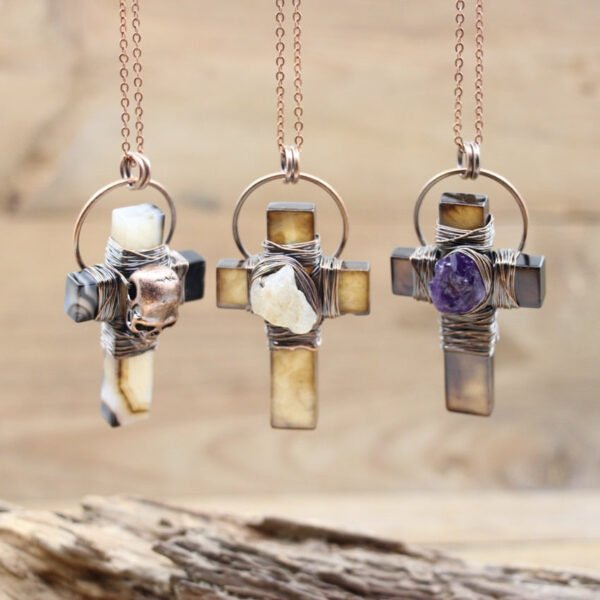 Natural Agates Cross Soldered Bronze Pendants Antique Copper Wire Wrap Amethysts Citrine Skull Necklaces