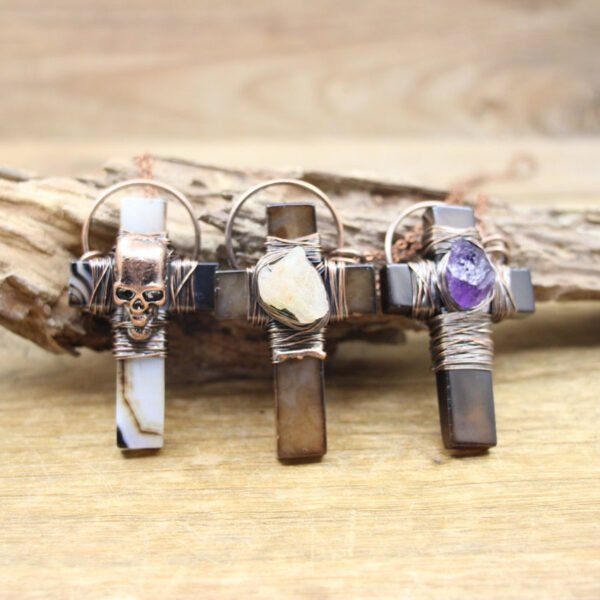 Natural Agates Cross Soldered Bronze Pendants Antique Copper Wire Wrap Amethysts Citrine Skull Necklaces