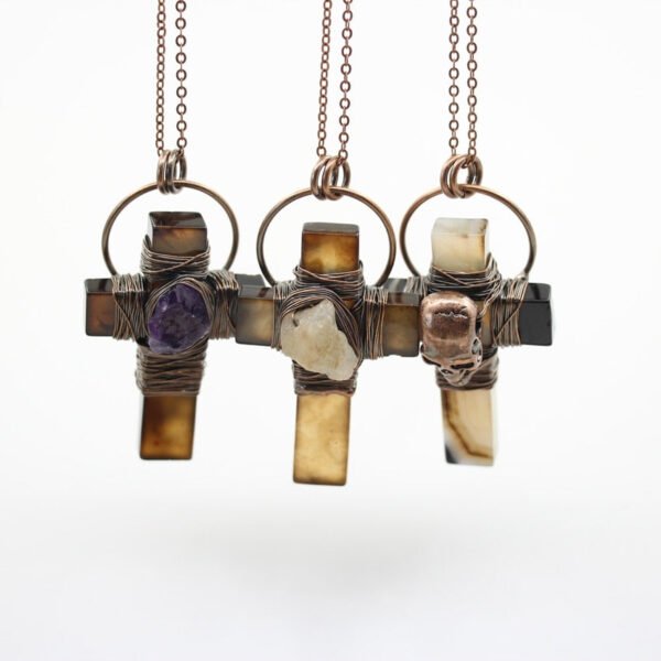 Natural Agates Cross Soldered Bronze Pendants Antique Copper Wire Wrap Amethysts Citrine Skull Necklaces