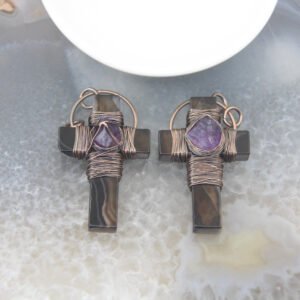 Natural Amethysts Bead Lace Wiring Agates Quartz Cross Necklace Pendant Bronze Hallow Religion Necklaces Bracelet Jewelry Markin