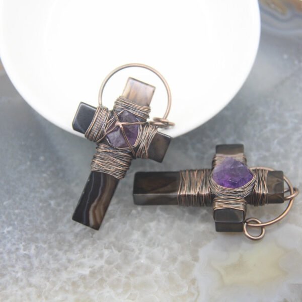 Natural Amethysts Bead Lace Wiring Agates Quartz Cross Necklace Pendant Bronze Hallow Religion Necklaces Bracelet Jewelry Markin