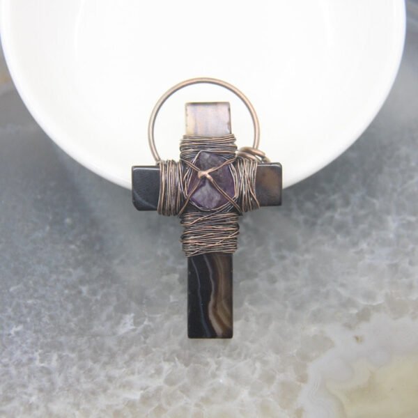 Natural Amethysts Bead Lace Wiring Agates Quartz Cross Necklace Pendant Bronze Hallow Religion Necklaces Bracelet Jewelry Markin