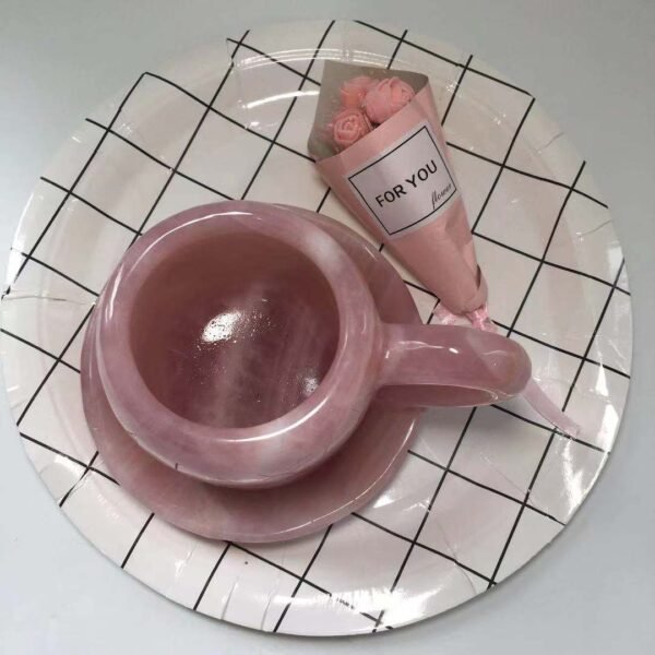 Natural Crystal Hand Carved Rose Quartz Crystal Tea Cup Set with Holder Real Stones For Healing Decoration Collection Fengshui