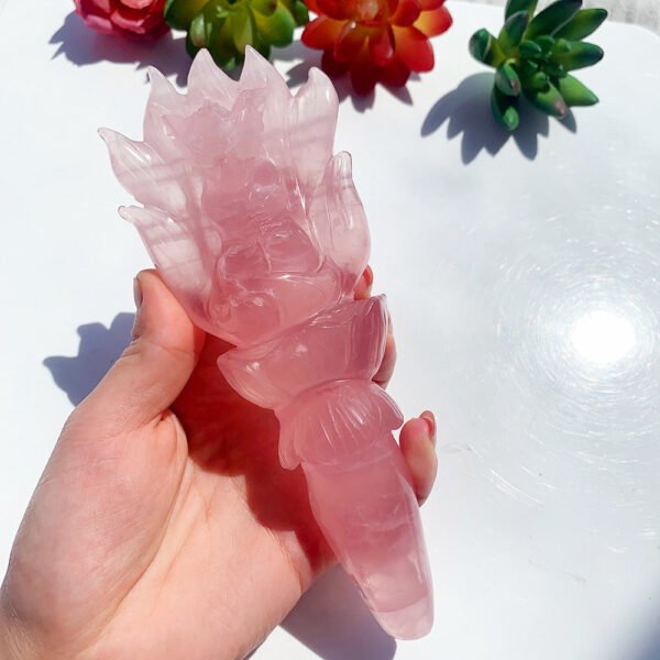 Natural Crystal Rose Quartz Nine Tailed Fox Love Lucky Gem Scepter Animal Carving Crafts Healing Dark Pink Quartz Wand Home Dec| |