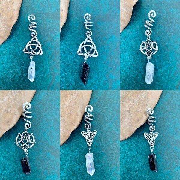 Natural Crystal Viking Hair Bead Crystal Hair Ring braid Pentagram Wicca Braid Angel Quartz Silver