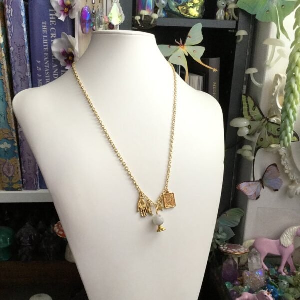 Natural Moonstone Crystal Ball Necklace with Palmistry Charms, Moon and Stars,Wicca,Witch,Pagan,Gypsy,Magic,Fortune Teller