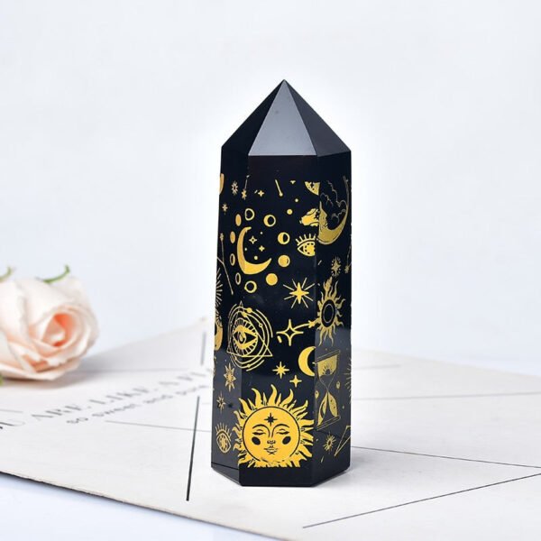 Natural Obsidian Crystal Tower Plated With Gold Star Moon Pattern Point Wand Healing Stone Energy Quartz Home Decoration Reiki - Stones
