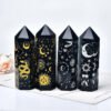 Natural Obsidian Crystal Tower Plated With Gold Star Moon Pattern Point Wand Healing Stone Energy Quartz Home Decoration Reiki - Stones