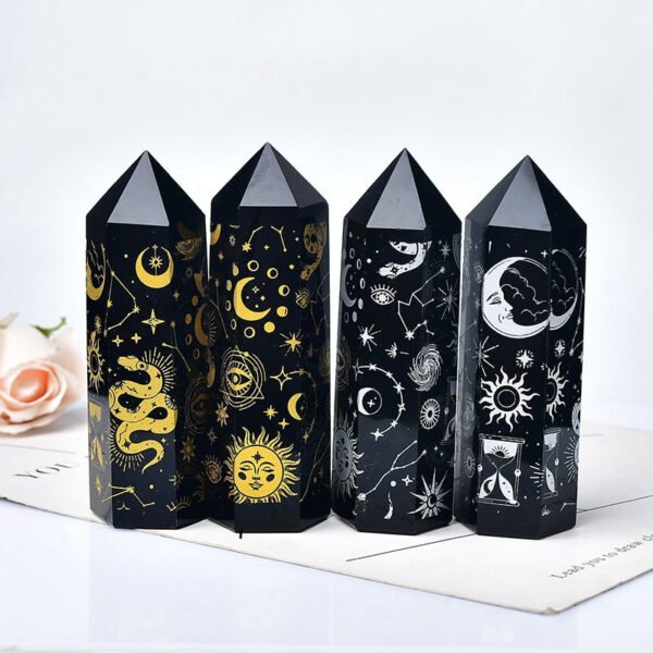 Natural Obsidian Crystal Tower Plated With Gold Star Moon Pattern Point Wand Healing Stone Energy Quartz Home Decoration Reiki - Stones