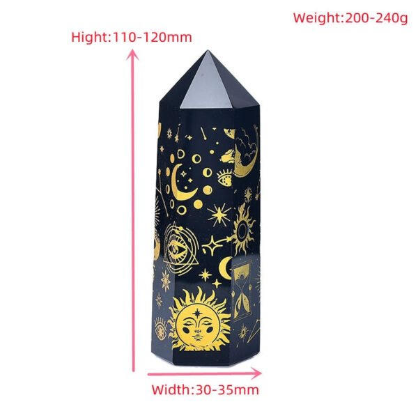 Natural Obsidian Crystal Tower Plated With Gold Star Moon Pattern Point Wand Healing Stone Energy Quartz Home Decoration Reiki - Stones