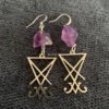 Natural Purple Crystal Raw Stone Lucifer Sigil Symbol Earring Healing Stone Teardrop Witch Creative Gothic Jewellery Women Gift