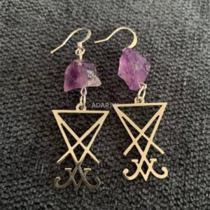 Natural Purple Crystal Raw Stone Lucifer Sigil Symbol Earring Healing Stone Teardrop Witch Creative Gothic Jewellery Women Gift
