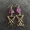 Natural Purple Crystal Raw Stone Lucifer Sigil Symbol Earring Healing Stone Teardrop Witch Creative Gothic Jewellery Women Gift