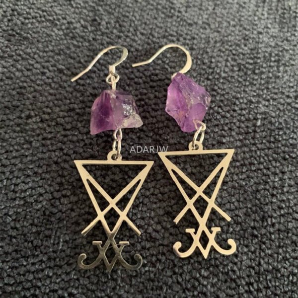 Natural Purple Crystal Raw Stone Lucifer Sigil Symbol Earring Healing Stone Teardrop Witch Creative Gothic Jewellery Women Gift