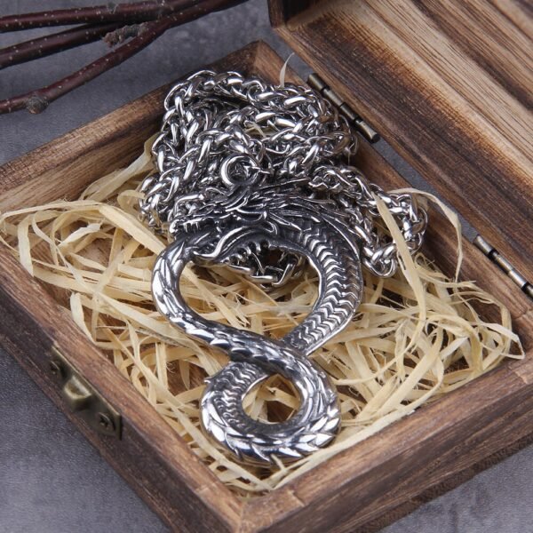 Never Fade Norse dragon snake Unlimited Self-devourer  Ouroboros pendant necklace with wooden box as gift
