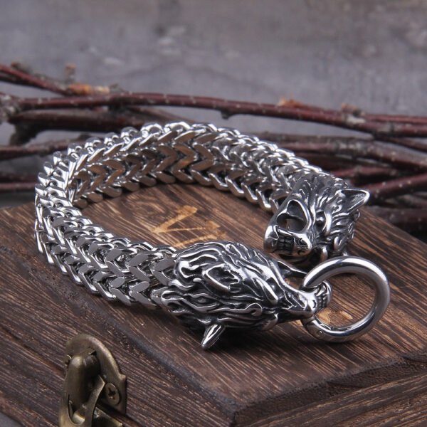Never Fade Rock Viking Wolf Charm Bracelet Men's Stainless Steel Mesh Chain Gold Wolf Punk Bracelets Biker Jewelry
