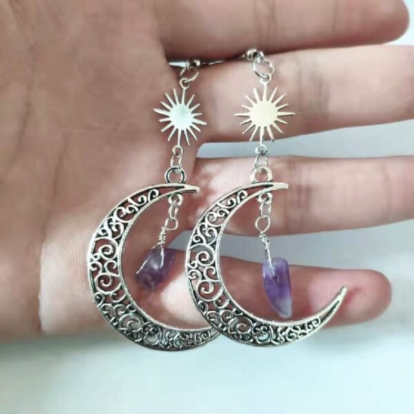 Crescent Sun Moon Amethyst Crystals Stone Earring Wicca Healing Crystal Magic Protection Celestial Witchy Jewelry