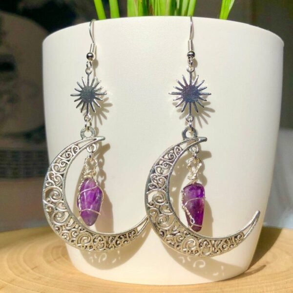 Crescent Sun Moon Amethyst Crystals Stone Earring Wicca Healing Crystal Magic Protection Celestial Witchy Jewelry