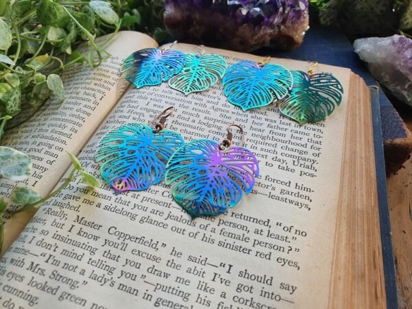 New Design~Iridescent Rainbow Monstera Leaf Rainbow Earrings Holographic Earrings
