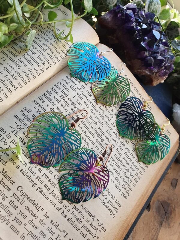 New Design~Iridescent Rainbow Monstera Leaf Rainbow Earrings Holographic Earrings