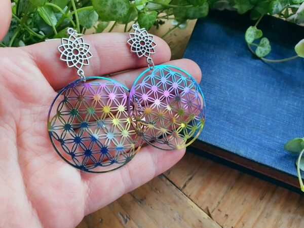 New Design~Iridescent Rainbow Sacred Geometry Rainbow Holographic Earrings