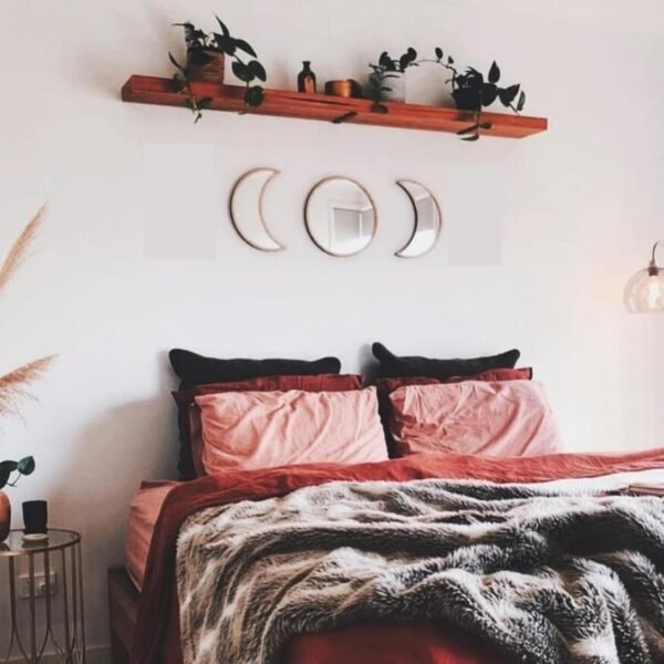 Nordic 3D Wooden Moon Cycle Hanging Mirror Wall Decoration Living Room Bedroom Entrance Lunar Eclipse Decorative Mirror  Wall Decor