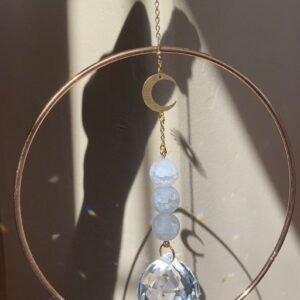 Original Handmade Sun Catcher - Suncatcher with selenite spheres, sun + moon charms suncatcher Gold Plated