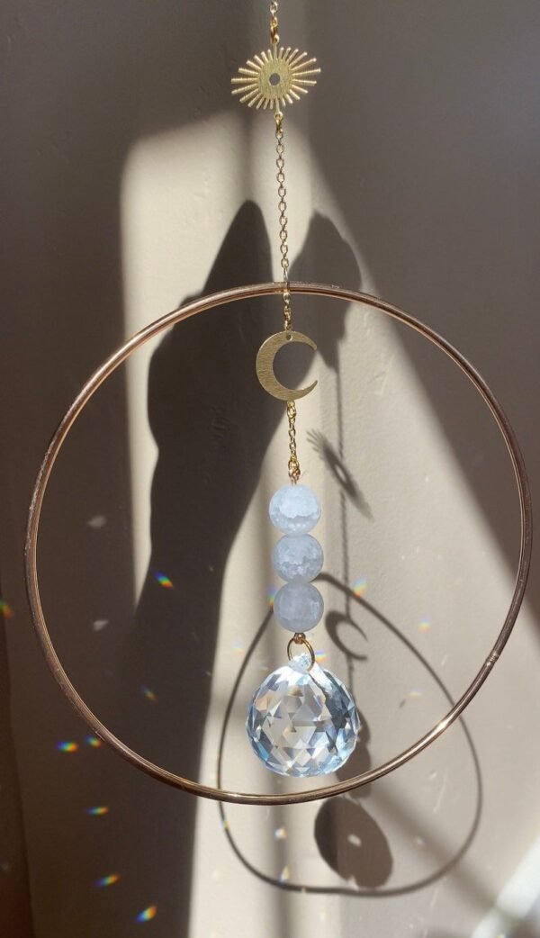 Original Handmade Sun Catcher - Suncatcher with selenite spheres, sun + moon charms suncatcher Gold Plated