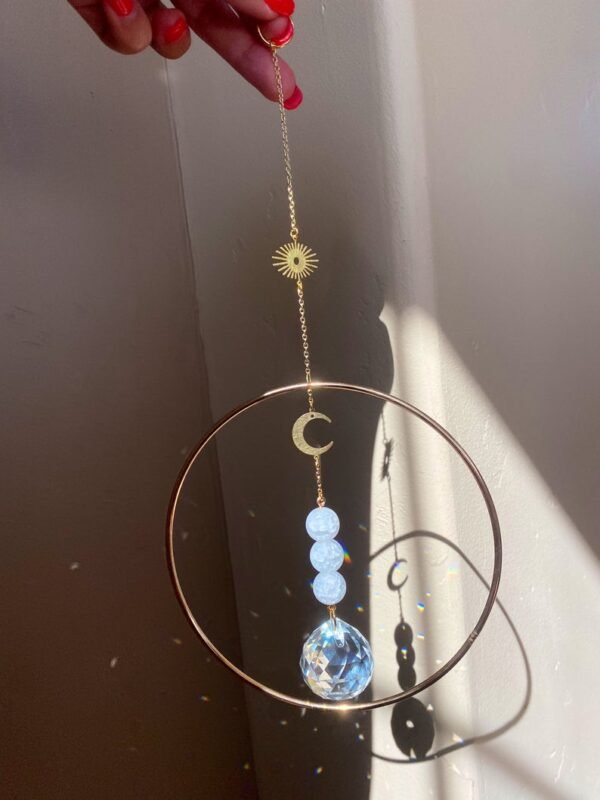 Original Handmade Sun Catcher - Suncatcher with selenite spheres, sun + moon charms suncatcher Gold Plated