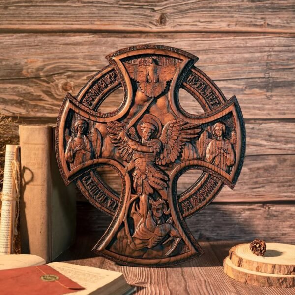 Orthodox Archangel Cross home wall decoration, wood carving, table decoration, St. Michael's Church decoration, Christian gift