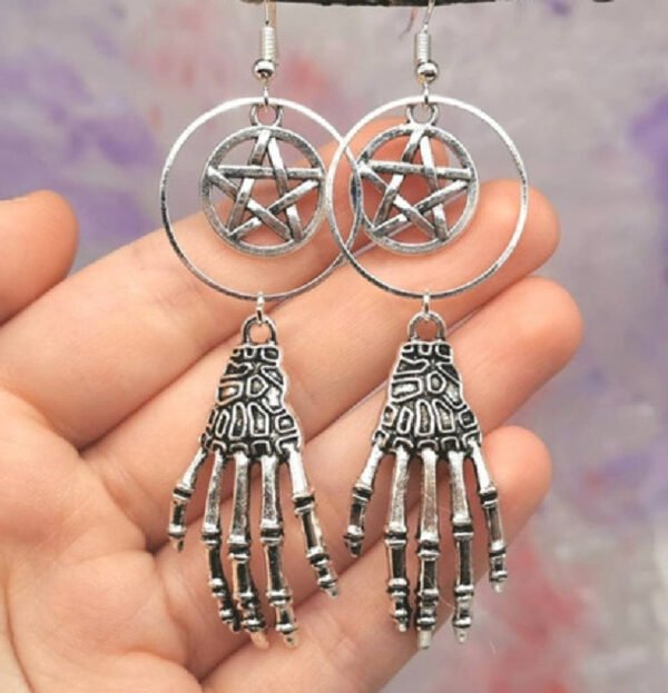 Pagan Hand Skeleton Pentagram Dangle Earrings Gothic Wicca Jewelry for Gift