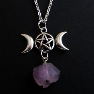 Pagan Triple Crescent Moon Amethyst Pendant Necklace Godness Occult Wicca Gift
