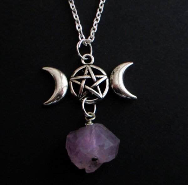 Pagan Triple Crescent Moon Amethyst Pendant Necklace Godness Occult Wicca Gift