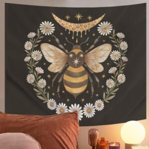 Psychedelic Bee Tapestry Wall Hanging Moon Wall Tapestry Wall Carpet Psychedelic Women Aesthetic Wall Cloth Tapestries