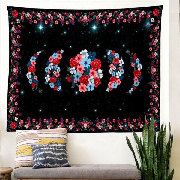 Psychedelic Floral Moon Phase Tapestry Flower Wall Hanging Sky Starry Carpet Dorm Tapestries Art Home Room Decor Aesthetic