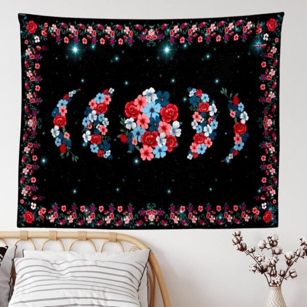 Psychedelic Floral Moon Phase Tapestry Flower Wall Hanging Sky Starry Carpet Dorm Tapestries Art Home Room Decor Aesthetic