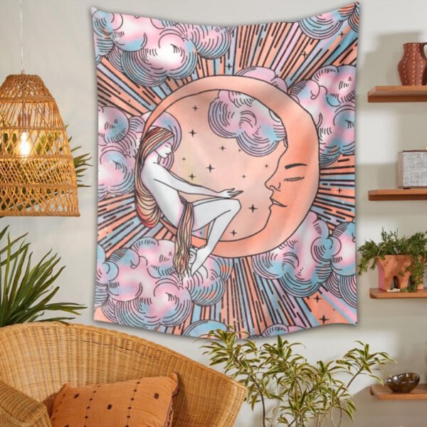 Psychedelic Moon Girls Tapestry Boho Tarot Tapestry Tarot Card Tapestry Wall Hanging Trippy Divination Beach Mat Sun Wall Decor