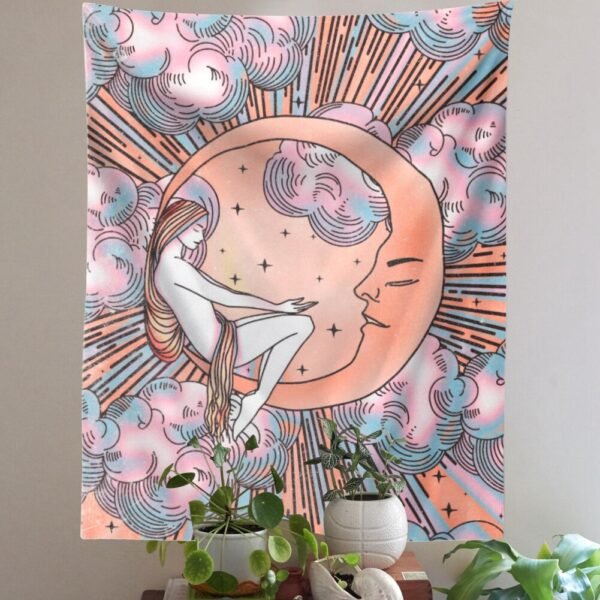 Psychedelic Moon Girls Tapestry Boho Tarot Tapestry Tarot Card Tapestry Wall Hanging Trippy Divination Beach Mat Sun Wall Decor