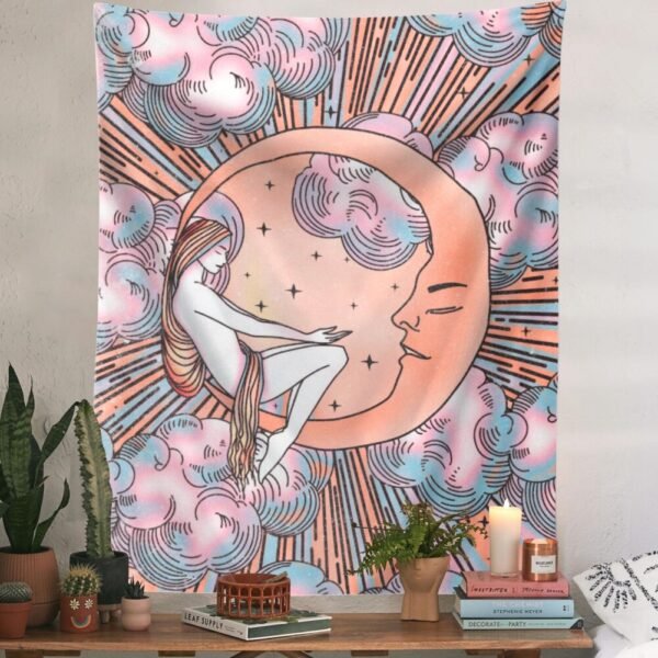 Psychedelic Moon Girls Tapestry Boho Tarot Tapestry Tarot Card Tapestry Wall Hanging Trippy Divination Beach Mat Sun Wall Decor