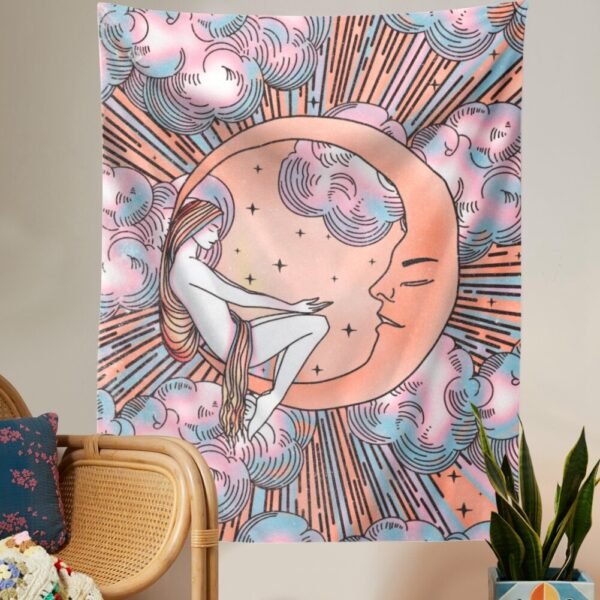 Psychedelic Moon Girls Tapestry Boho Tarot Tapestry Tarot Card Tapestry Wall Hanging Trippy Divination Beach Mat Sun Wall Decor