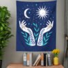 Psychedelic Moon Phase Tapestry Flower Witchcraft Hand Wall Hanging Tapestry Star Print Tarot Throw Blanket Home Decor